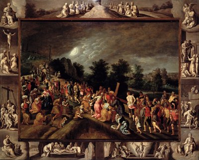 A Estrada para o Calvário, Representada no Painel Central e Cenas da Crucificação e Ressurreição no Quadro (óleo e grisalha no painel) de Gillis Mostaert